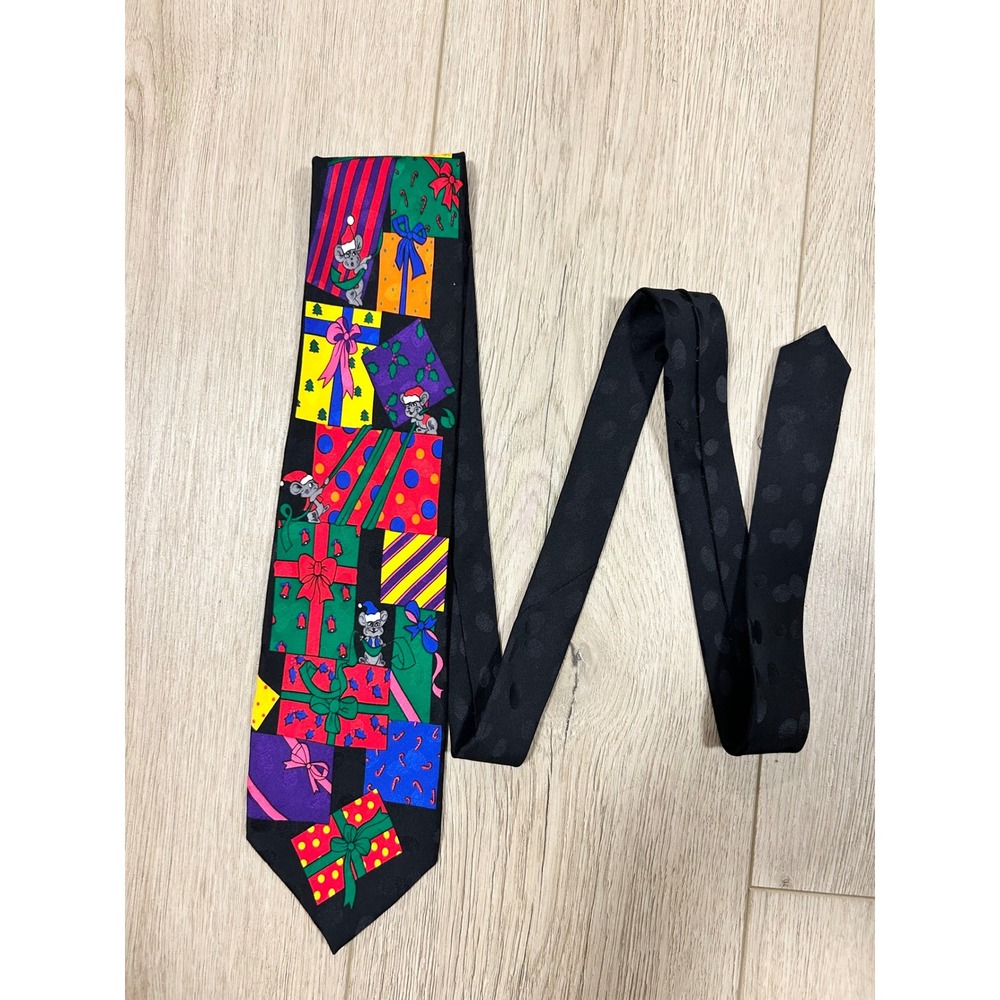 Addiction Mens Silk Christmas Tie Black Multicolor Presents Mice Holiday Novelty
